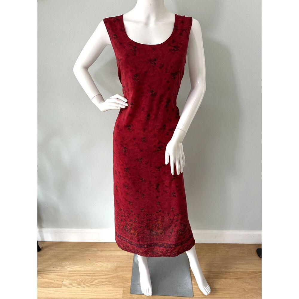 Vintage Red Paisley Floral Midi Dress Sleeveless Scoop Neck 90s Y2k Boho size 1X